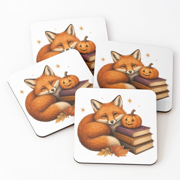 Item preview, Cozy Fox Reading Beside a Pumpkin Book Stack designed and sold by Freshloop Studio | Whimsical Vintage Art.
