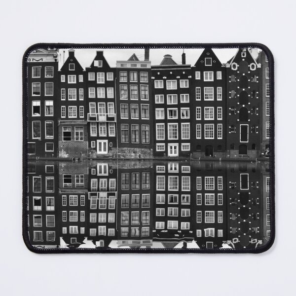 Item preview, Amsterdam, Netherlands row of canal houses on mirrored water black and white photograph designed and sold by Astrid Arkhangelsky.