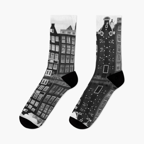 Item preview, Amsterdam, Netherlands row of canal houses on mirrored water black and white photograph designed and sold by Astrid Arkhangelsky.