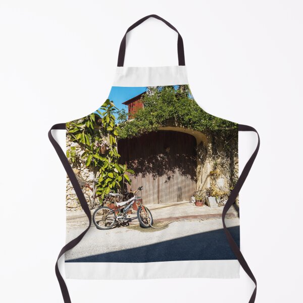 Item preview, Old Bicycle Leaning Against Stone Wall Near Wooden Gate with Potted Plants in Sunny Courtyard designed and sold by Nmallia.