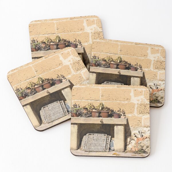Item preview, Rustic Stone Wall With Weathered Bench and Potted Plants in Sunny Mediterranean Courtyard designed and sold by Nmallia.