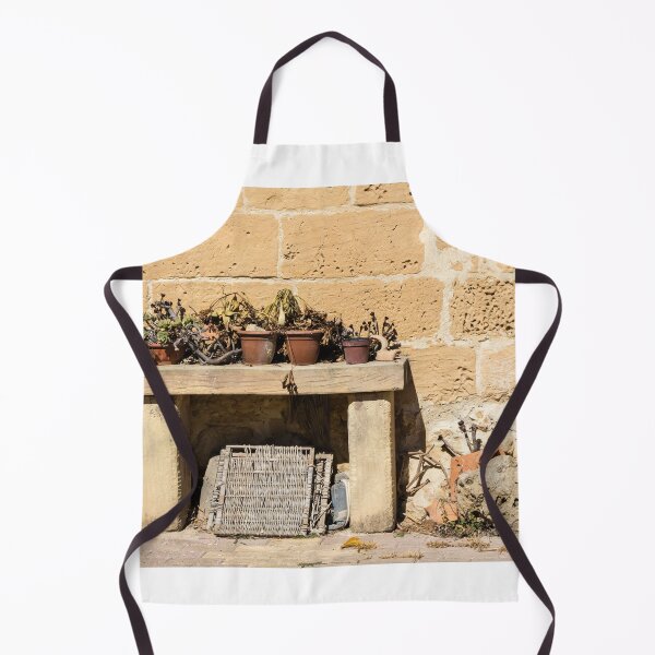 Item preview, Rustic Stone Wall With Weathered Bench and Potted Plants in Sunny Mediterranean Courtyard designed and sold by Nmallia.