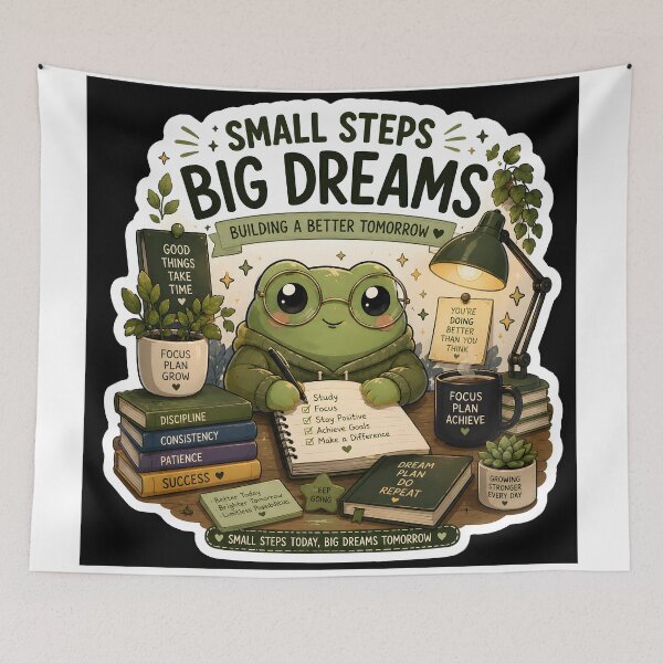 Item preview, Small Steps Big Dreams Cute Frog Sticker | Study Motivation | Productivity Aesthetic designed and sold by GenZStickerHub1.