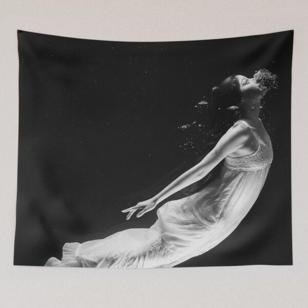 Item preview, Just breathe female underwater girl power black and white photographic art print designed and sold by Astrid Arkhangelsky.