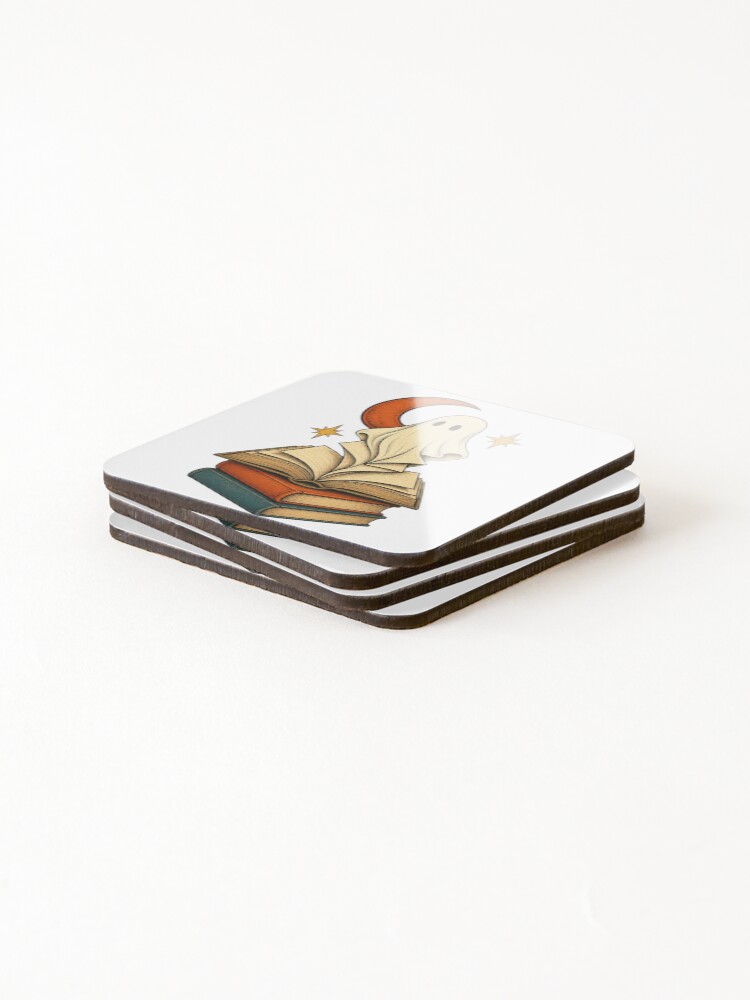 Thumbnail 4 of 5, Coasters (Set of 4), Friendly Ghost Rising From a Haunted Book Stack designed and sold by freshloop.