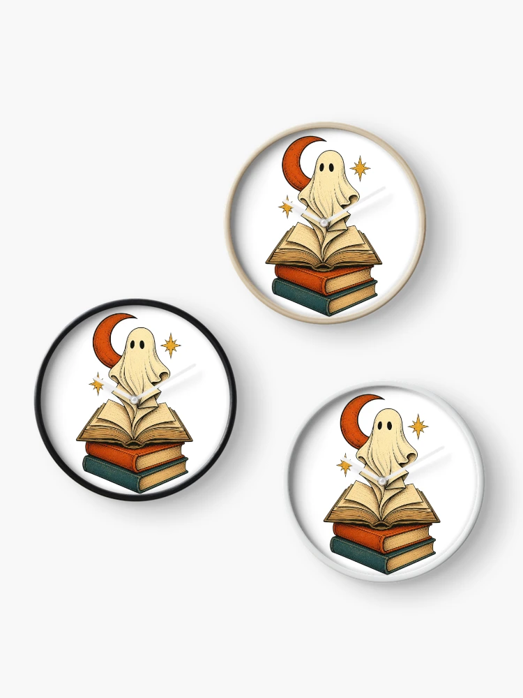 Thumbnail 3 of 4, Clock, Friendly Ghost Rising From a Haunted Book Stack designed and sold by Freshloop Studio | Whimsical Vintage Art.