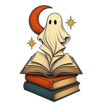 Artwork thumbnail, Friendly Ghost Rising From a Haunted Book Stack by Freshloop Studio | Whimsical Vintage Art