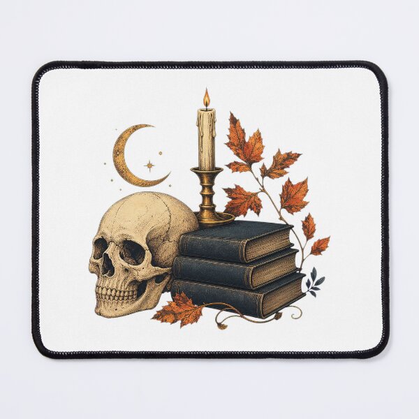 Item preview, Antique Skull Beside Candlelit Gothic Books designed and sold by Whimsy Paw Studio | Cute Animal Art.