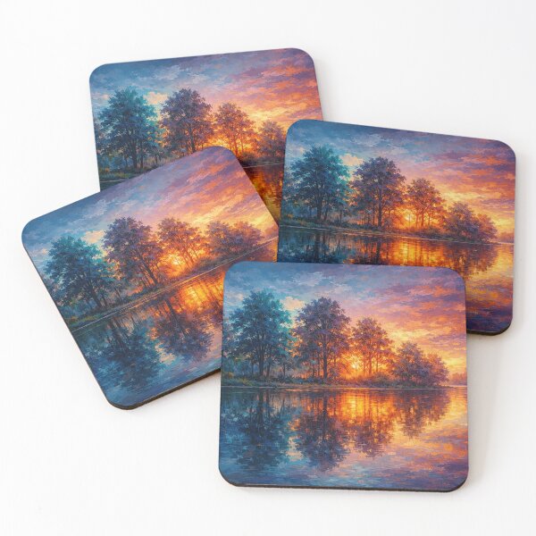 Item preview, Vibrant Sunset Over Lake Gold Magenta Impressionist designed and sold by Joey Santiago.