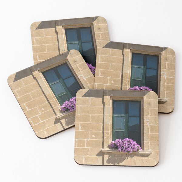 Item preview, Mediterranean Stone Wall With Green Shutter Window and Purple Flower Window Box in Sunlight designed and sold by Nmallia.