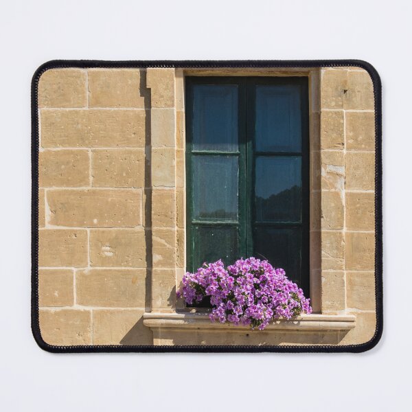 Item preview, Mediterranean Stone Wall With Green Shutter Window and Purple Flower Window Box in Sunlight designed and sold by Nmallia.
