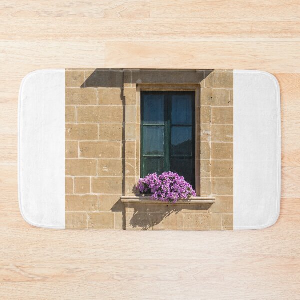 Item preview, Mediterranean Stone Wall With Green Shutter Window and Purple Flower Window Box in Sunlight designed and sold by Nmallia.