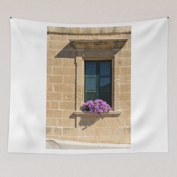 Item preview, Mediterranean Stone Wall With Green Shutter Window and Purple Flower Window Box in Sunlight designed and sold by Nmallia.