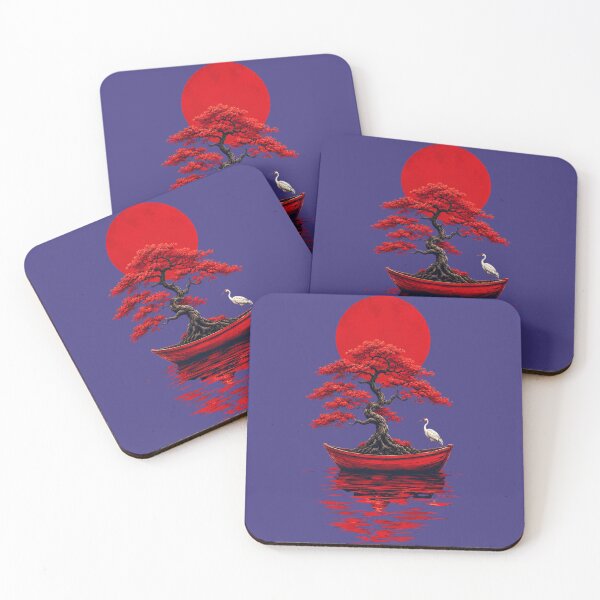 Item preview, Japanese Bonsai Tree in Red Boat – Zen Minimalist Aesthetic Rising Sun Reflection Art designed and sold by Ikra Best.