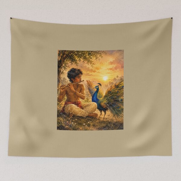 Item preview, Sunset Flute Melody with Peacock Watercolor | Indian Nature Fine Art Painting | Peaceful Boho Aesthetic T-Shirt designed and sold by HOUSE OF TIST.