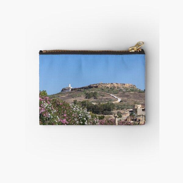 Item preview, White Lighthouse on Rocky Hill Overlooking Village and Pink Oleander Flowers Under Clear Blue Sky designed and sold by Nmallia.