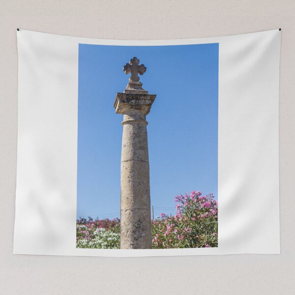 Item preview, Stone Cross on Historic Column Against Clear Blue Sky, Religious Monument Detail designed and sold by Nmallia.