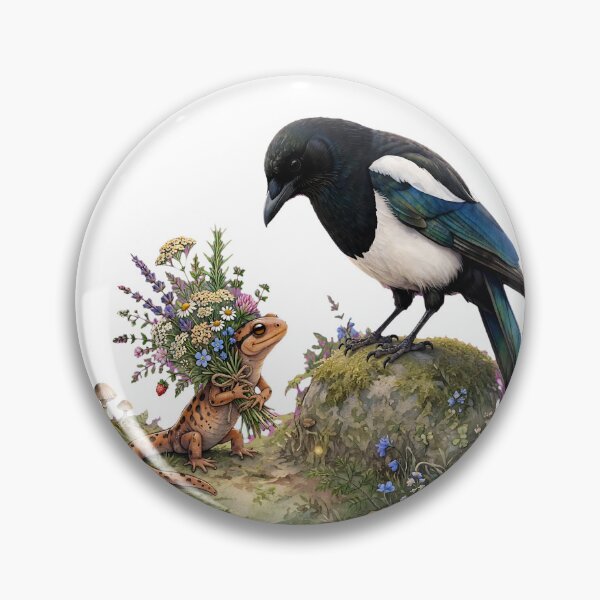 Item preview, Salamander Giving Flowers to Magpie - Wholesome Cottagecore designed and sold by Neurospicy Trolls.