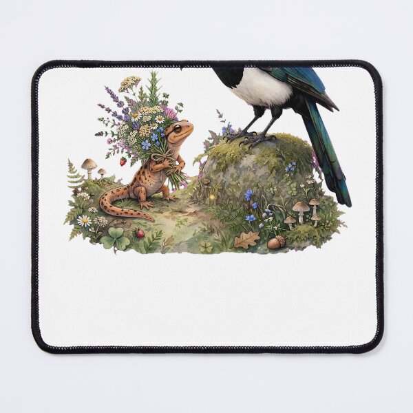 Item preview, Salamander Giving Flowers to Magpie - Wholesome Cottagecore designed and sold by Neurospicy Trolls.