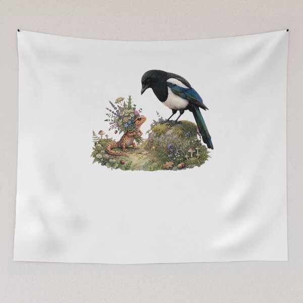 Item preview, Salamander Giving Flowers to Magpie - Wholesome Cottagecore designed and sold by Neurospicy Trolls.