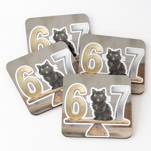 Item preview, Surprised Black Cat Sitting on Number 6 and 7 Balance Scale Cute Funny Cartoon Sticker designed and sold by OksArtStudio.