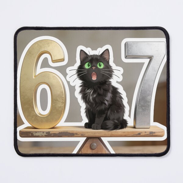 Item preview, Surprised Black Cat Sitting on Number 6 and 7 Balance Scale Cute Funny Cartoon Sticker designed and sold by OksArtStudio.