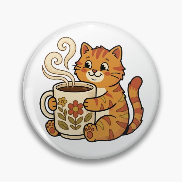 Item preview, Cute cartoon orange tabby cat hugging a floral coffee mug with steam, cozy retro illustration designed and sold by Kis-Shop.