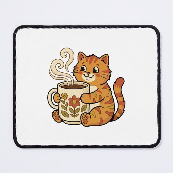 Item preview, Cute cartoon orange tabby cat hugging a floral coffee mug with steam, cozy retro illustration designed and sold by Kis-Shop.