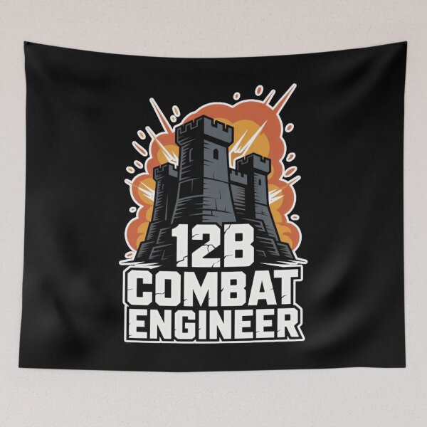 Item preview, 12B Combat Engineer — U.S. Army MOS Castle Emblem with Explosion Military Engineering Graphic White Outline designed and sold by GFamilyC.