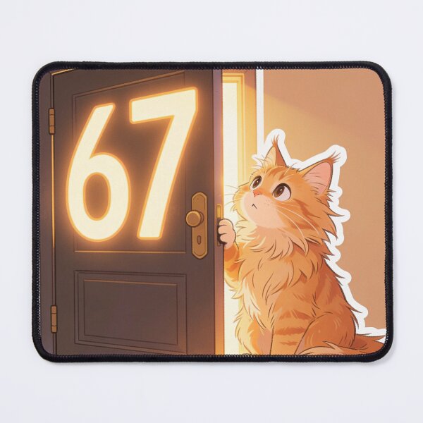 Item preview, Cute Ginger Cat Opening Door to 67 Meme Funny Cartoon Sticker designed and sold by OksArtStudio.