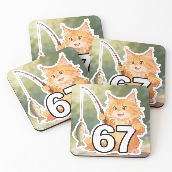 Item preview, Cute Ginger Cat Fishing Next to 67 Meme Funny Cartoon Sticker designed and sold by OksArtStudio.