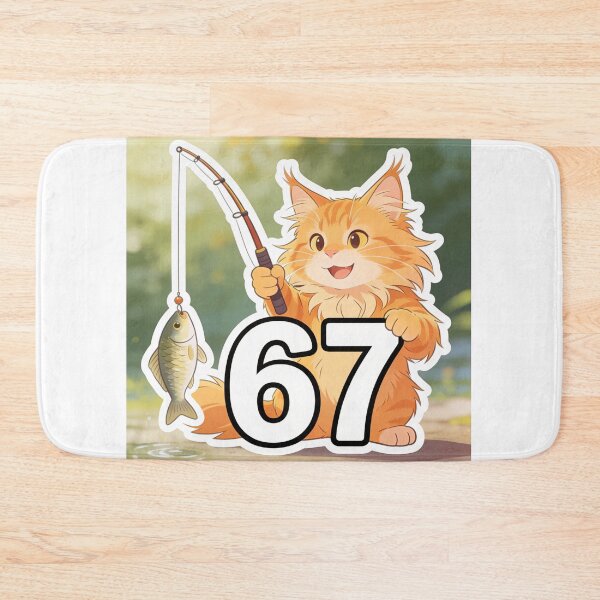 Item preview, Cute Ginger Cat Fishing Next to 67 Meme Funny Cartoon Sticker designed and sold by OksArtStudio.