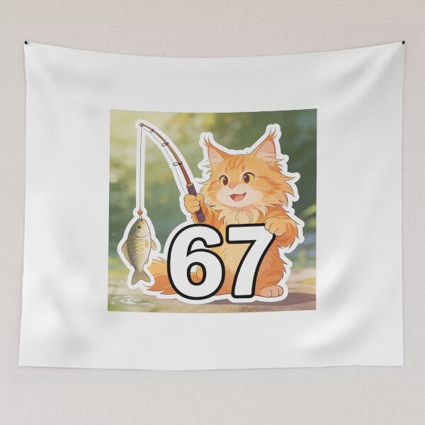 Item preview, Cute Ginger Cat Fishing Next to 67 Meme Funny Cartoon Sticker designed and sold by OksArtStudio.