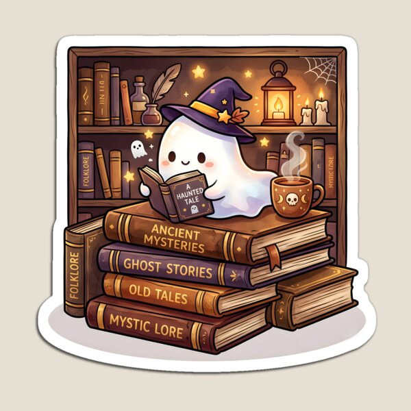 Item preview, Kawaii Cute Ghost Reading Books Spooky Library Witch Hat designed and sold by BobaBunny76.