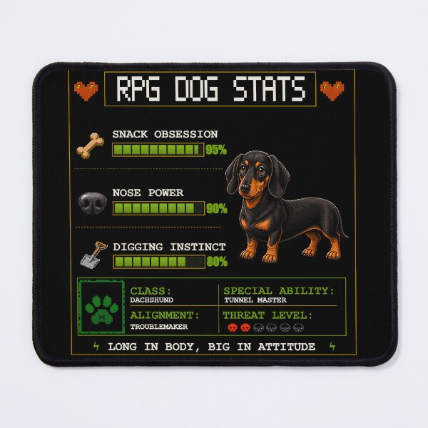 Item preview, Dachshund RPG Dog Stats – Funny Gamer Dog designed and sold by PixelBlob.