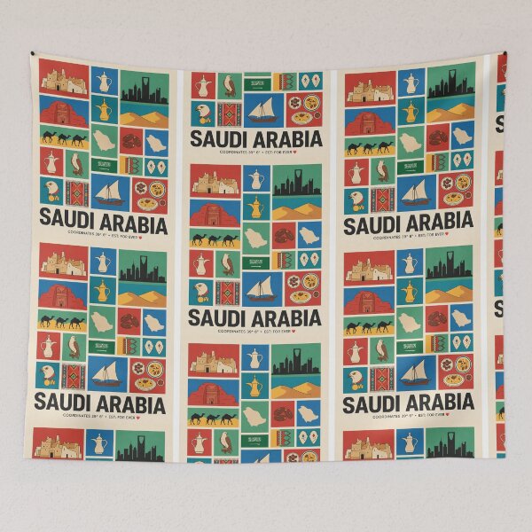 Item preview, Saudi cultural symbols, Camels Dates Coffee Pots Architecture Collage designed and sold by FrankOliver.