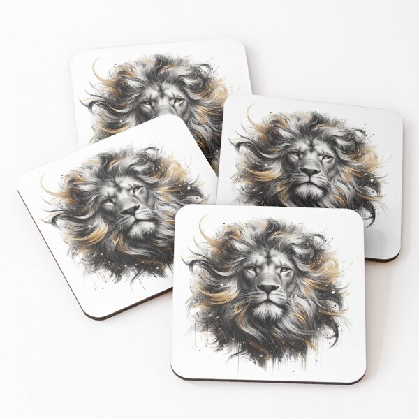 Item preview, Majestic Lion Wall Art, Black White Lion Illustration, Golden Ink Brush Painting, Modern Wildlife Artwork designed and sold by gkhanco.