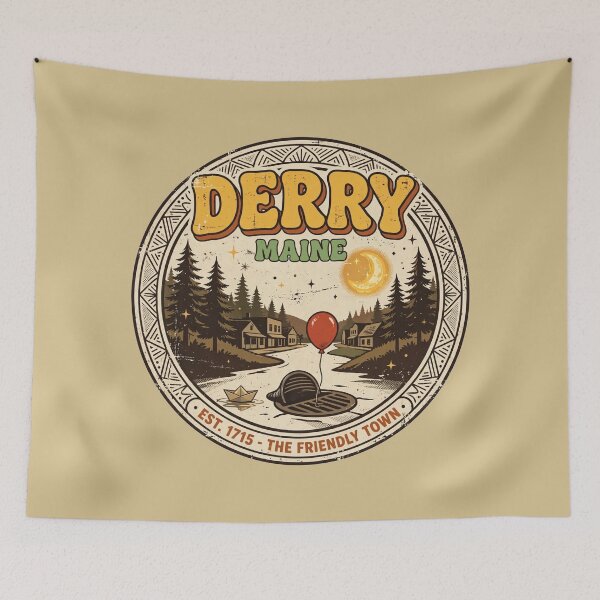 Item preview, Vintage Derry Maine The Friendly Town Graphic - 1970s Retro Stephen King IT Horror Print designed and sold by ICANTWithoutCOFFEE.