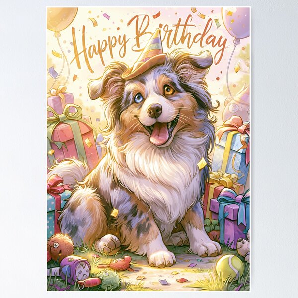 Item preview, Australian Shepherd Happy Birthday Card — Merle Puppy Party Confetti Gifts designed and sold by SellingWSarah17.