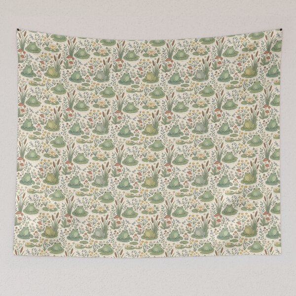 Item preview, Cute Frog Cottagecore Pattern - Lilypads, Mushrooms & Wildflowers designed and sold by MuffinMeng ⭐⭐⭐⭐⭐.
