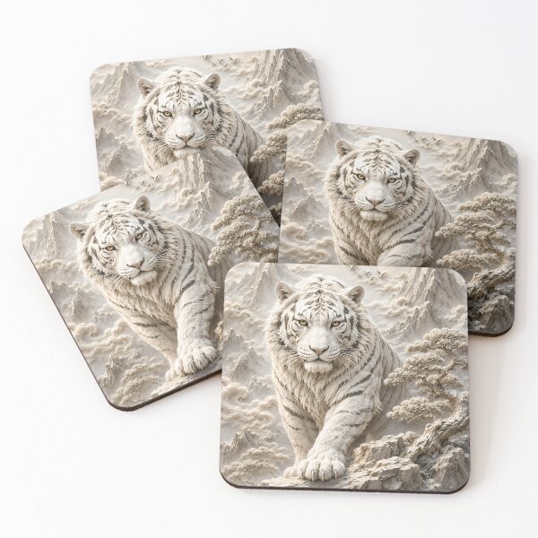 Item preview, White Tiger Relief Art | Majestic White Tiger Sculpture Style | Oriental Mountain Decor | Embossed Wildlife Wall Art | Asian Nature Illustration | Zen Home Decor designed and sold by ManJiangHong.