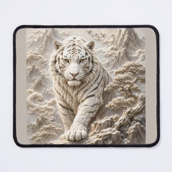 Item preview, White Tiger Relief Art | Majestic White Tiger Sculpture Style | Oriental Mountain Decor | Embossed Wildlife Wall Art | Asian Nature Illustration | Zen Home Decor designed and sold by ManJiangHong.