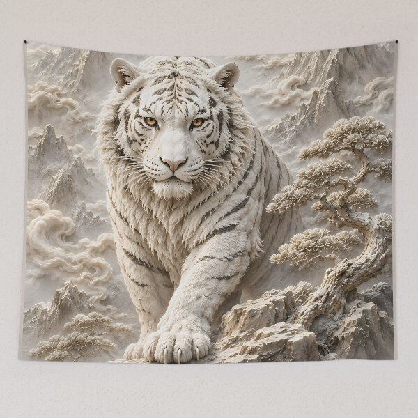 Item preview, White Tiger Relief Art | Majestic White Tiger Sculpture Style | Oriental Mountain Decor | Embossed Wildlife Wall Art | Asian Nature Illustration | Zen Home Decor designed and sold by ManJiangHong.