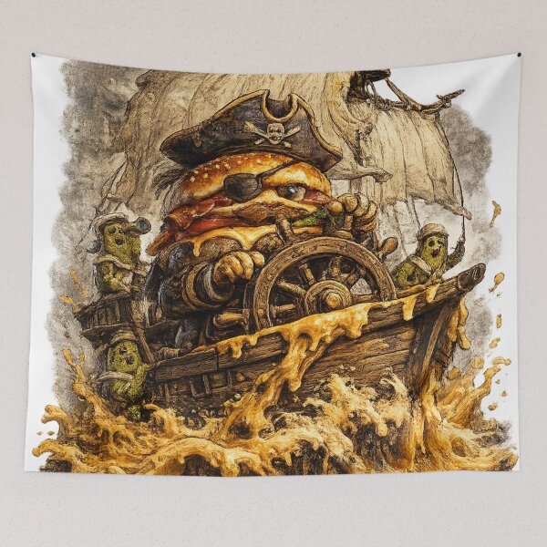 Item preview, Pirate Burger Captain Sailing Cheese Seas | Funny Burger Pirate Vintage T-Shirt Sticker designed and sold by irfanshikh.