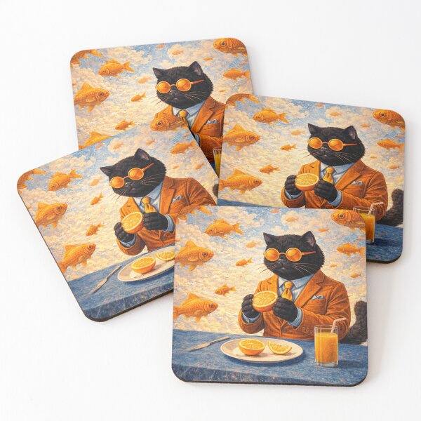 Item preview, Surreal Black Cat Among Golden Flying Fish designed and sold by VolkovaLenaArt.