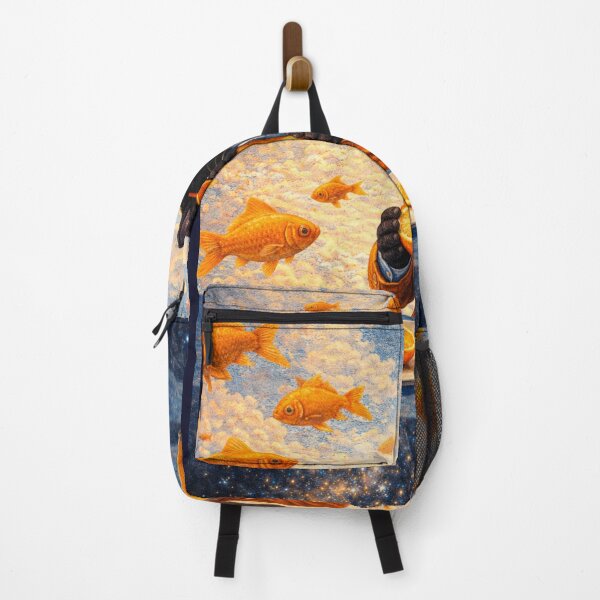 Item preview, Surreal Black Cat Among Golden Flying Fish designed and sold by VolkovaLenaArt.