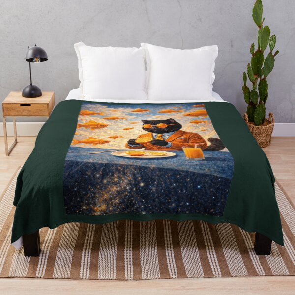 Item preview, Surreal Black Cat Among Golden Flying Fish designed and sold by VolkovaLenaArt.