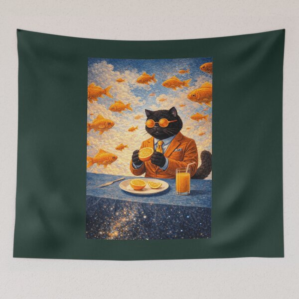 Item preview, Surreal Black Cat Among Golden Flying Fish designed and sold by VolkovaLenaArt.