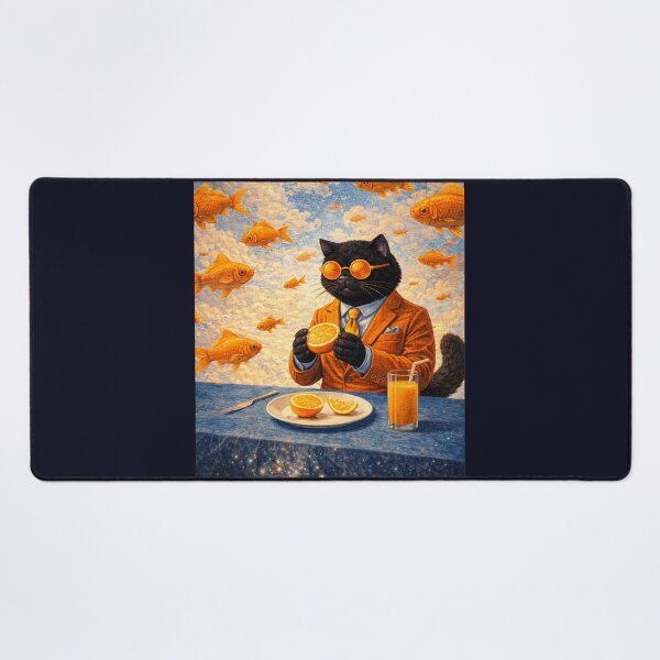 Item preview, Surreal Black Cat Among Golden Flying Fish designed and sold by VolkovaLenaArt.