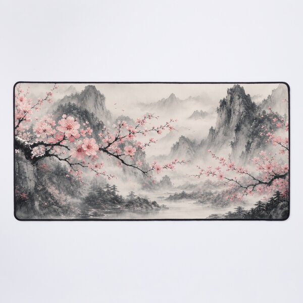 Item preview, Cherry Blossom Mountains Aesthetic Ink Wash Desk Mat Design designed and sold by Art JSMY.